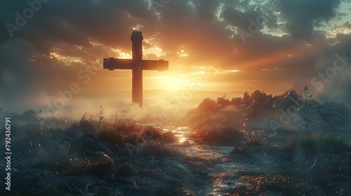 https:stock.adobe.comvnvideoholy cross symbolizing the death and resurrection of jesus christ with the sky over golgotha hill is shrouded in light and clouds stock photo