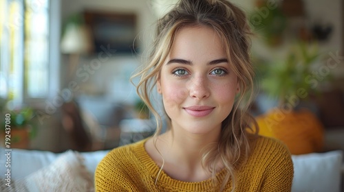profile picture of happy millennial caucasian woman posing in own new home apartment close up headshot portrait of smiling female renter or tenant satisfied,art illustration