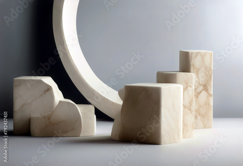 'stand podium Stone exhibitions Abstract organic products presentation Natural cosmetic poduim dais background beige luxury modern rough sale marble pedestal product eucalyptus'