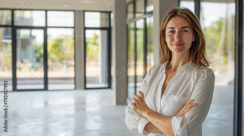 Confident European woman real estate agent stands proudly inside a modern home, radiating expertise and approachability, ready to assist potential house buyers