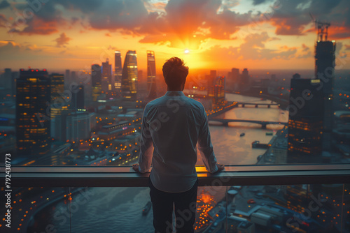 A businessman paces in front of a city skyline, contemplating important decisions that shape the future of his company, embodying the weight and responsibility of leadership in the pursuit of success