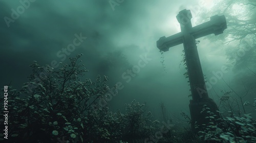 The cross set amidst a misty morning fog in a forest clearing, evoking a sense of spiritual solitude and calmness. Religious Background.