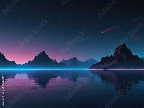 ネオンブルーに輝く湖の水平線と山岳地帯と流れ星