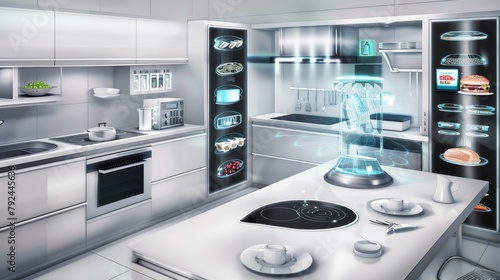 This picture imagines a kitchen. The future represents food technology. --ar 16:9 --style raw Job ID: 05f55414-e3eb-40b0-8a46-b62ca6a79749