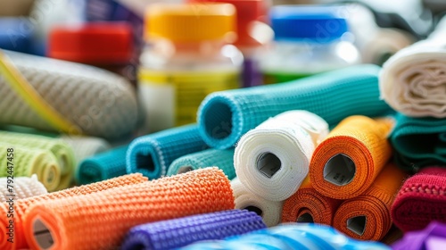 Closeup of a collection of colorful bandages and medical supplies highlighting the efforts of a nurse who goes above and beyond to provide free healthcare services to underserved communities. .