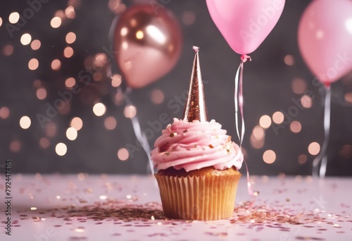 'cupcake confetti pink party gold birthday hats balloons rose Celebration background cake balloon hat celebrate feminine horizontal food fallin'