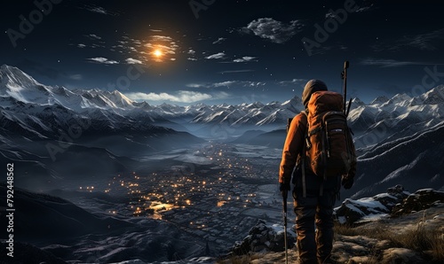 Man Standing on Mountain Top at Night