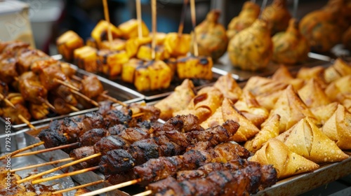 Closeup of a tantalizing spread of African street food with skewers of grilled meat fried plantains and savory samosas reflecting the influence of African cuisine on global street .