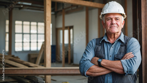 Portrait of successful experienced positive male builder smiling with his helmet on the head and safety vest standing on a commercial building construction site.