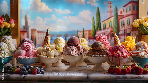 Colorful Italian gelato ice cream cone vanilla chocolate cream lemon and various flavors 