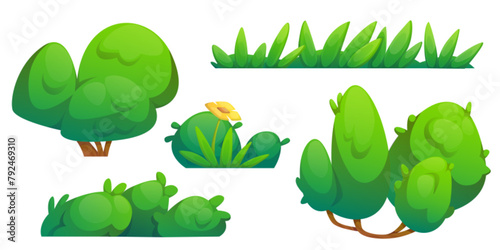Green bush and grass border cartoon illustration. Garden tree plant icon set. Simple comic foliage fence with flower for game. Botany graphic asset for landscape or outdoor park hedge summer design
