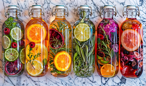 bottles of aromatic water with fruits and vegetables, homemade natural vitamin infused water