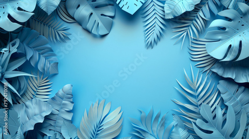 sfondo con foglie tropicali, pianta fogliame in colore azzurro con spazio per testo , sfondo di giungla azzurro