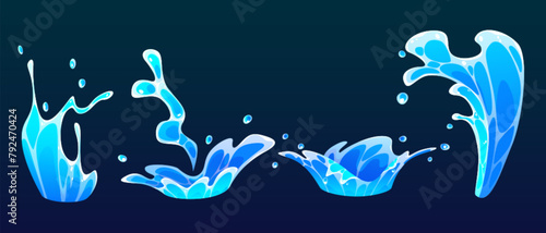 Water wave splashes set isolated on background. Vector cartoon illustration of blue sea, ocean liquid spill with drops, surfing motion effect, fountain stream, swimming adventure design elements
