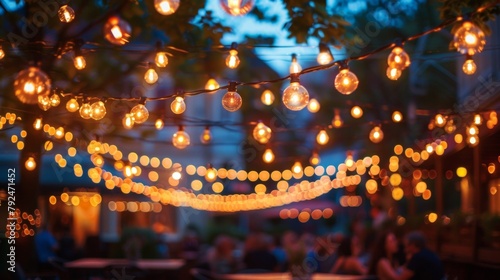 Hazy strands of glowing string lights dd above a bustling outdoor bar setting the scene for a vibrant and lively gathering at Cocktail Vibrance. .