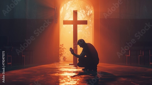 Praying man in front of the cross. Christian concept