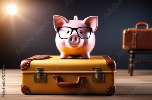 Pig piggy bank with glasses and a suitcase is preparing for vacation