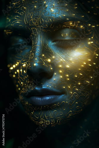 Digital Goddess: Portrait of Woman with Glowing Circuit Patterns. Bright lines playing on skin. Generative AI