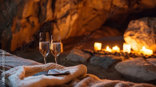 Fall asleep to the tranquil sound of a crackling fireplace in your luxurious cave suite. 2d flat cartoon.