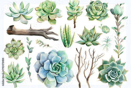 set of colorful watercolor clipart succulents and cacti