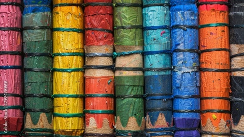 A close-up image of a group of large crayons held together with a rubber band.