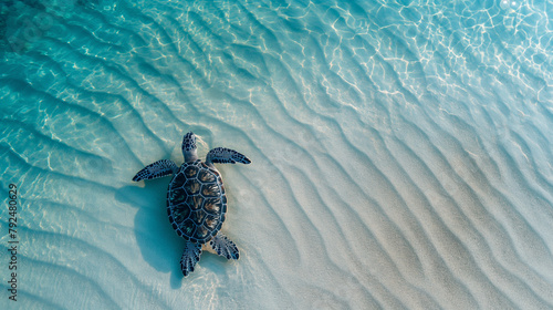 sea turtle swimming in crystal clear sea water on the white sand beach