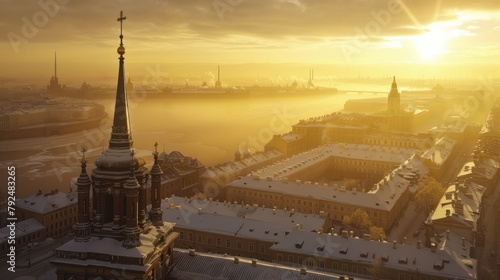 In February, the spire of the Peter and Paul Cathedral rises above the roofs of the Peter and Paul