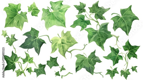 set of watercolor ivy branches with green leaves on a white background
