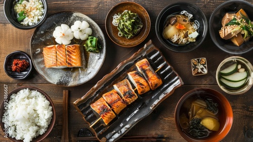Traditional Japanese breakfast with grilled fish, rice, miso soup, and pickled vegetables
