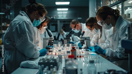 A group of forensic scientists intently crowd around a large table examining numerous vials and samples under their individual microscopes. Each scientist wears protective gear and .