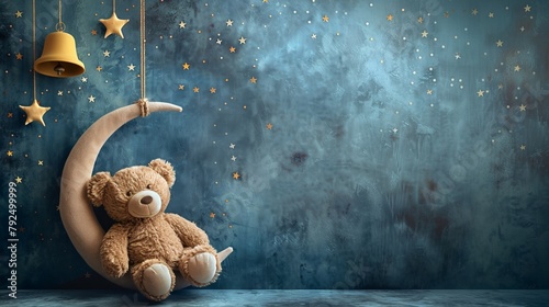Cute teddy bear, crescent moon seat, stars, bell top left, wide text area, background immaculate