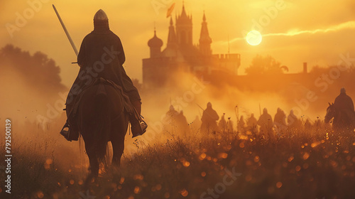 Dawn at medieval battlefield, first light on armored knights on horseback, clean background, text space