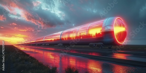 A futuristic hyperloop transit system emerges with sleek minimalism against the serene backdrop of a dusky evening.