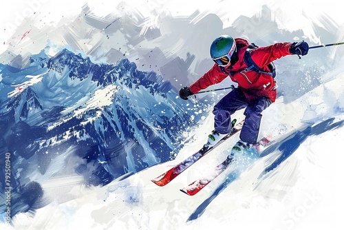 Mountain ski jump, winter extreme sports, wide text area, background spotless, thrilling