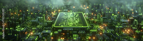 A visually captivating minimalist 3D rendering of a quantum computer in neon green and black offers a striking contrast.