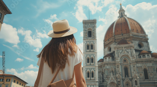 Female Solo Traveler Exploring Famous European Landmarks in Casual Dress