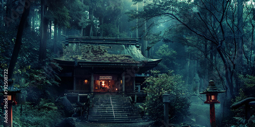 Japanese temple. ancient shrine in the middle of forest. night at the mountain.