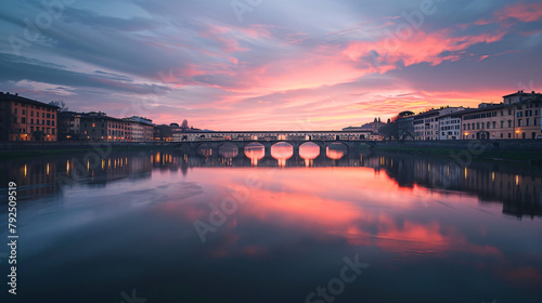 A bridge over the calm Arno river in Florence Italy