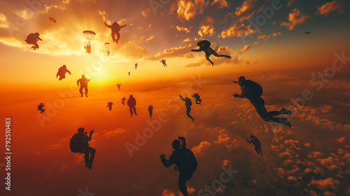 Group of adventure enthusiasts sky diving at sunrise with parachutes
