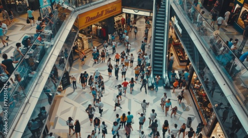 A busy shopping mall with people walking around and a Dunkin Donuts sign