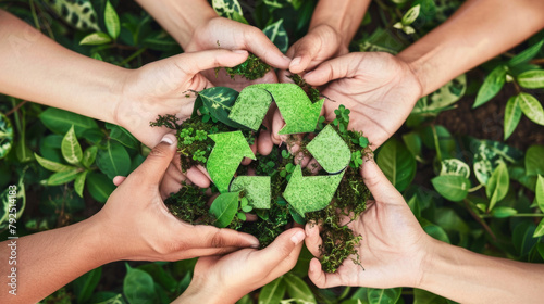 Hands forming a recycling symbol with greenery, conveying eco-friendliness