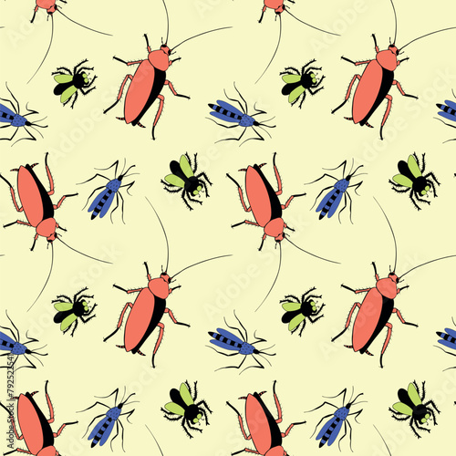 Vector seamless pattern of insect pests - oriental cockroaches, flies, mosquitoes. Bright background and pest control texture.