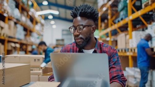 A Warehouse Worker Using Laptop