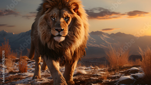 Lion at sunset in African savanna