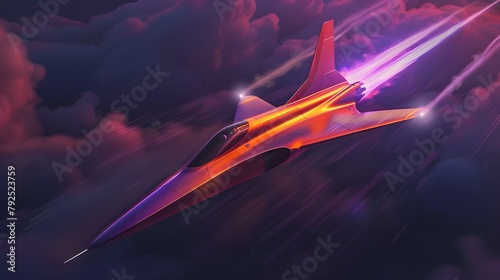 Neon Hued Supersonic Aircraft Breaking the Sound Barrier Over Dramatic Clouds