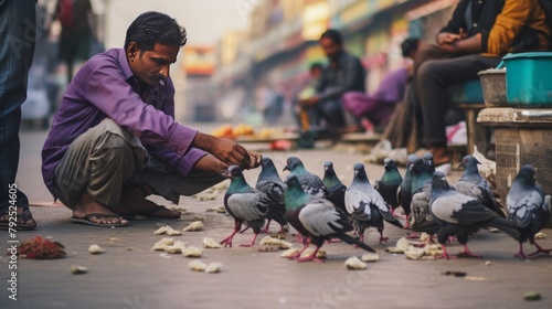 A man stands on a city street surrounded by pigeons feeding from his outstretched hand