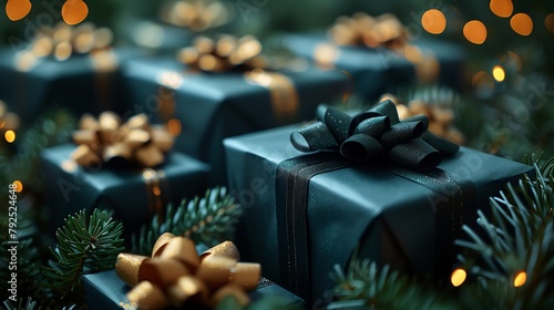 A green and gold present with a gold bow sits in front of a blurred background of presents and twinkling lights.