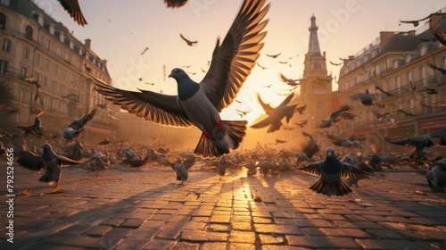 A flock of birds gracefully flies over a historic cobblestone road