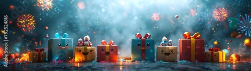 A group of cute presents with faces on a blue background with fireworks in the distance.