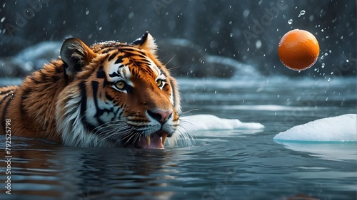 Digital illustration of an Amur Tiger gracefully juggling in the icy waters of Siberia. The tiger is depicted with {sleek and vibrant orange fur}, its powerful muscles visible beneath the surface. The